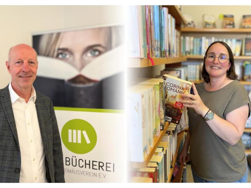 Links Mann vor Bücherei-Banner; rechts Frau in Bücherei, greift Buch aus Regal.    (Alt-Text erstellt mit KI-Unterstützung)
